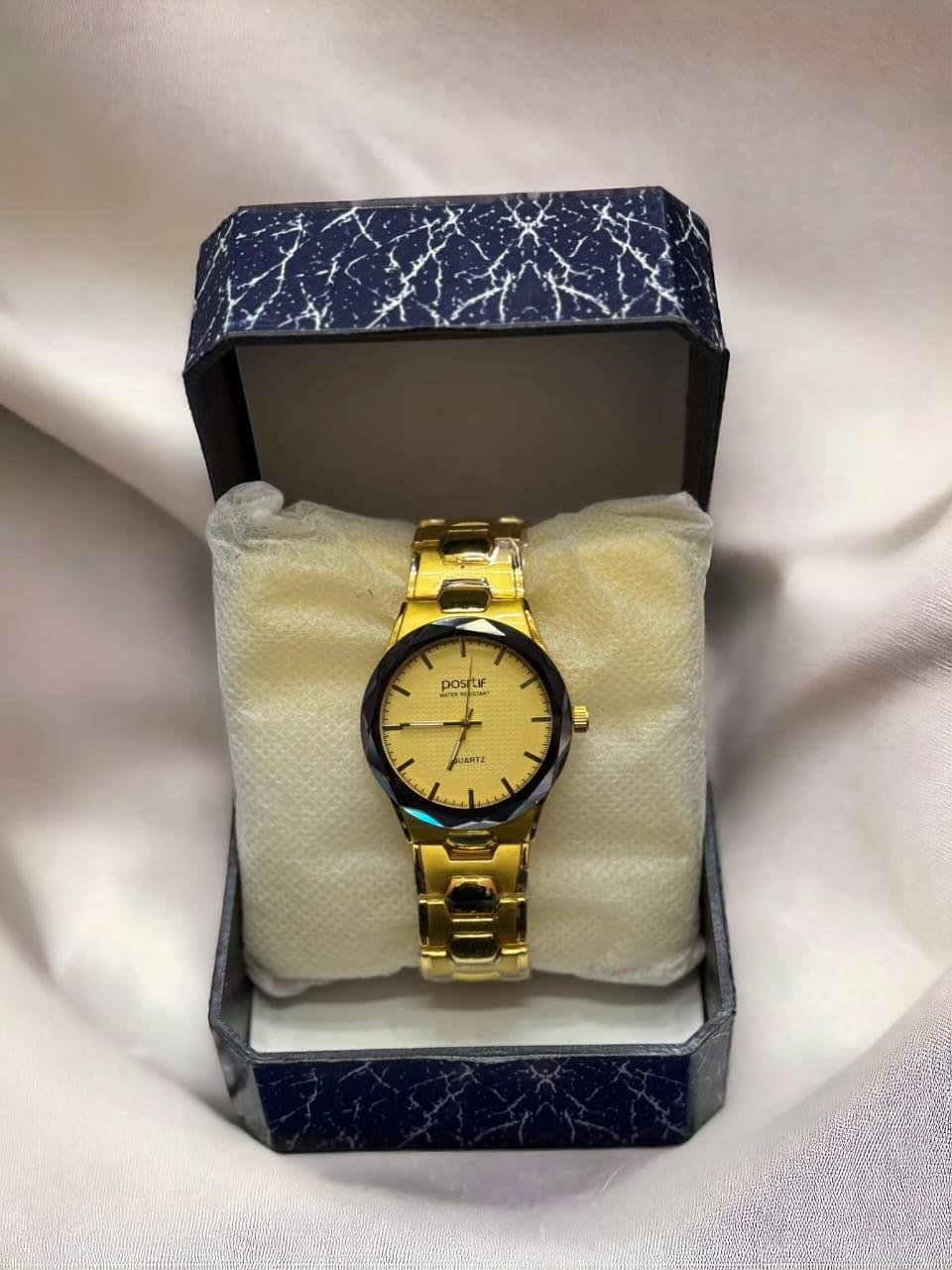 Men's Golden Stainless Steel Quartz Watch - 1 Pc Chain Strap Round Dial